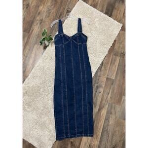 Vici Size Small Corset Dark Wash Seam Detail Denim Slit Sleeveless Midi Dress